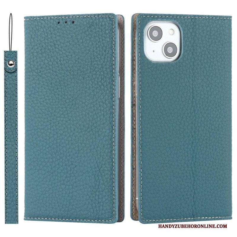 Folio Cover iPhone 14 Plus Custodia in pelle Cinturino In Vera Pelle Di Litchi