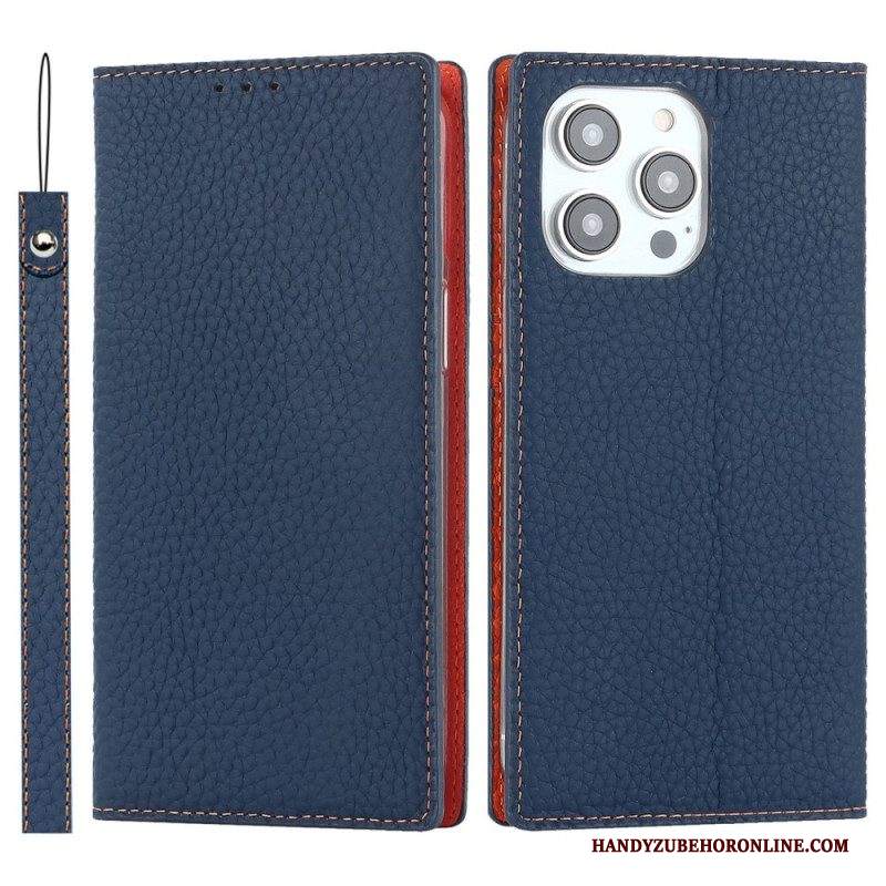 Folio Cover iPhone 14 Pro Custodia in pelle Cinturino In Vera Pelle Di Litchi