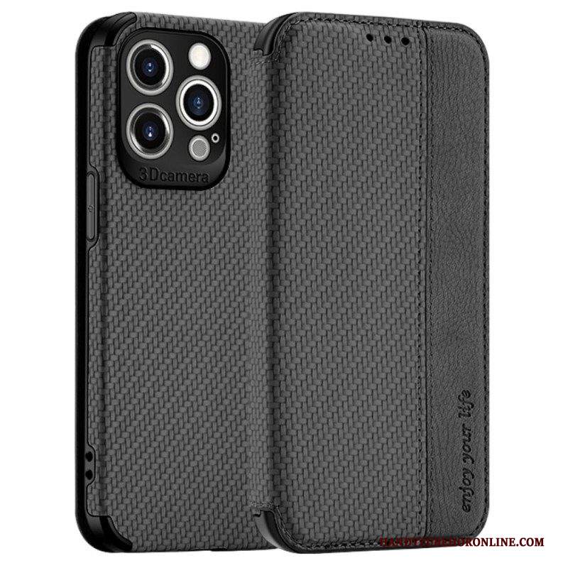 Folio Cover iPhone 14 Pro Max Custodia in pelle Chiusura A Ventosa In Fibra Di Carbonio