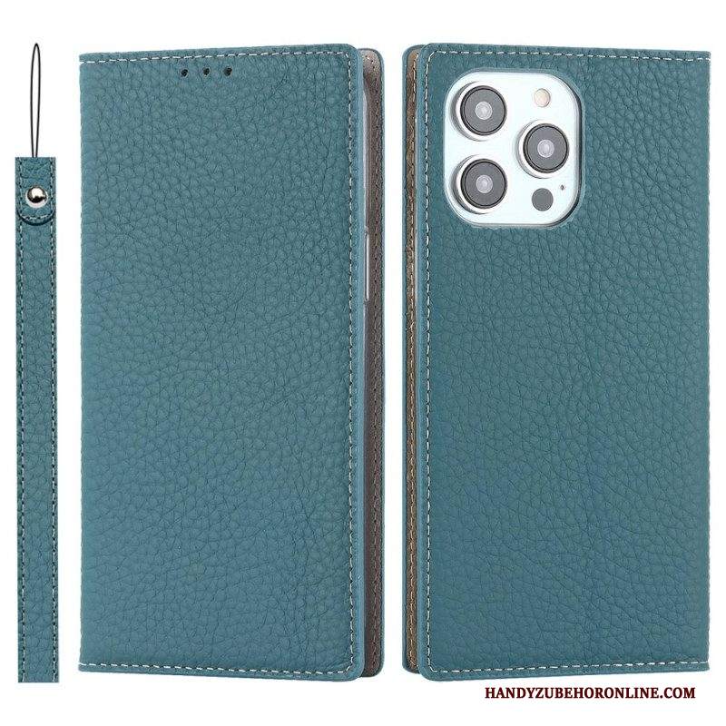 Folio Cover iPhone 14 Pro Max Custodia in pelle Cinturino In Vera Pelle Di Litchi