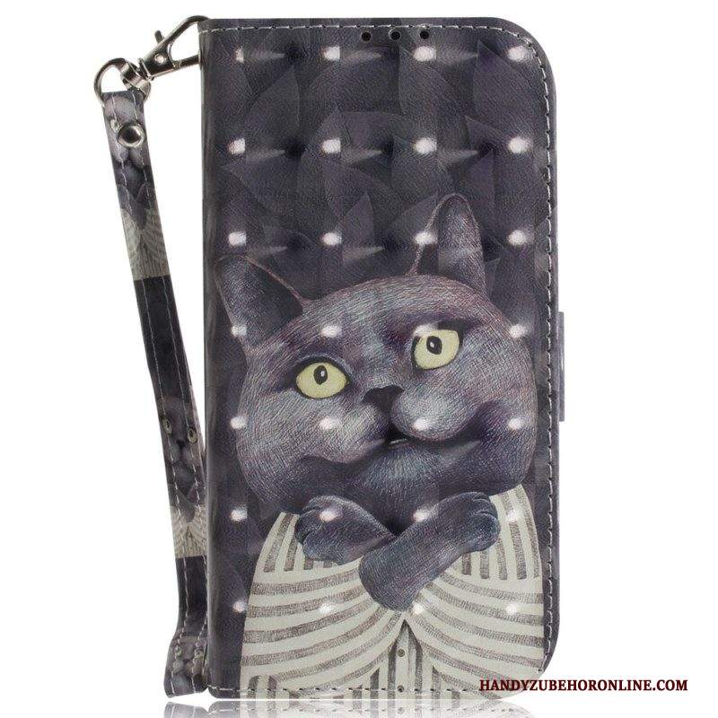 Folio Cover iPhone 15 Plus Gatto Grafico Con Cordino