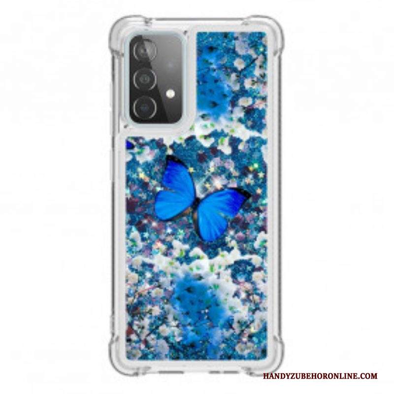 Cover Samsung Galaxy A52 4G / A52 5G / A52s 5G Farfalle Blu Glitterate