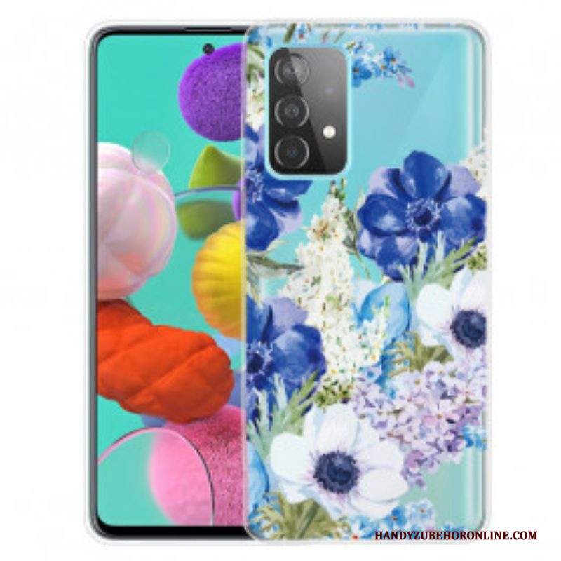 Cover Samsung Galaxy A52 4G / A52 5G / A52s 5G Fiori Blu Dell'acquerello Senza Soluzione Di Continuità