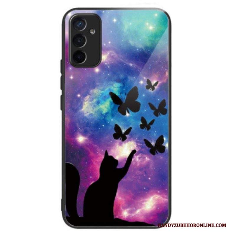 Cover Samsung Galaxy M13 Gatto E Farfalle In Vetro Temperato