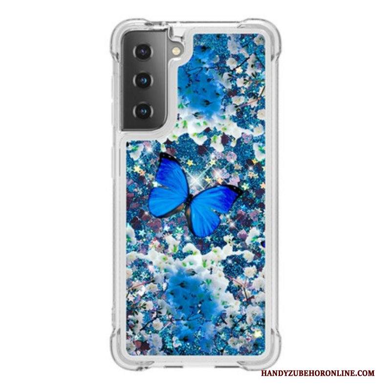 Cover Samsung Galaxy S21 5G Farfalle Blu Glitterate