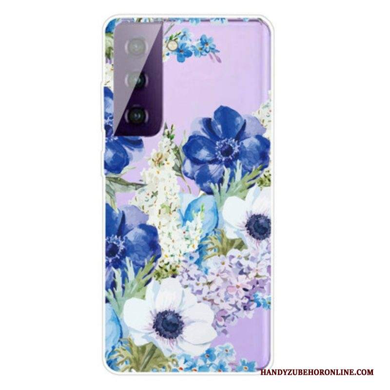 Cover Samsung Galaxy S21 FE Fiori Blu Dell'acquerello