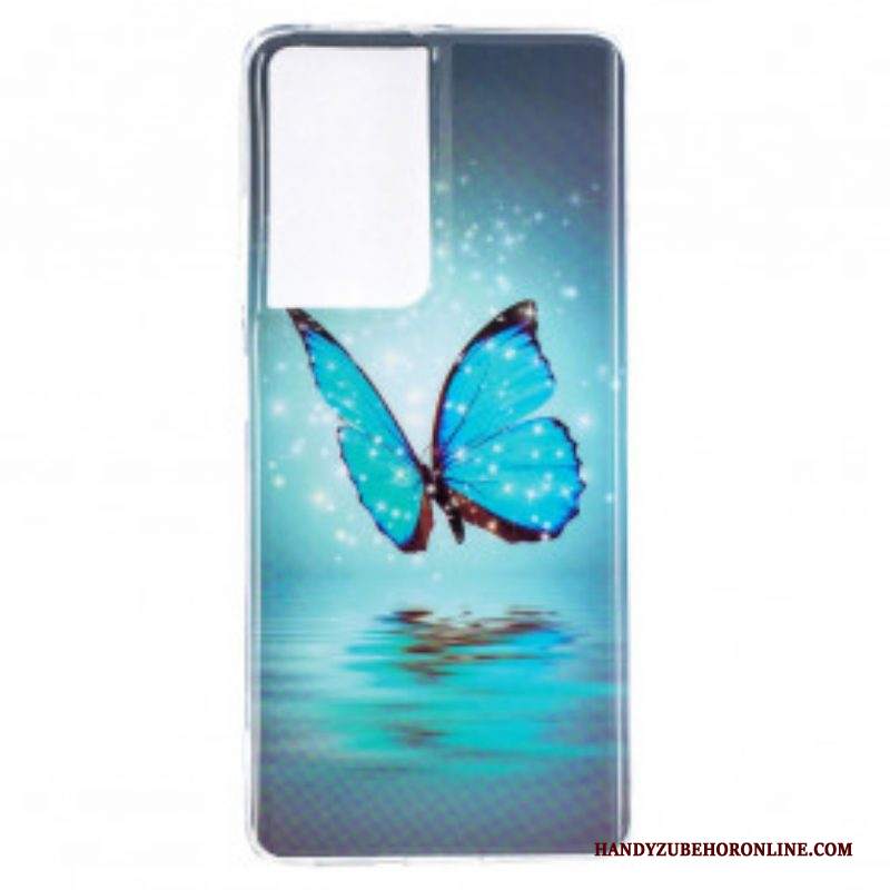 Cover Samsung Galaxy S21 Ultra 5G Farfalla Blu Fluorescente