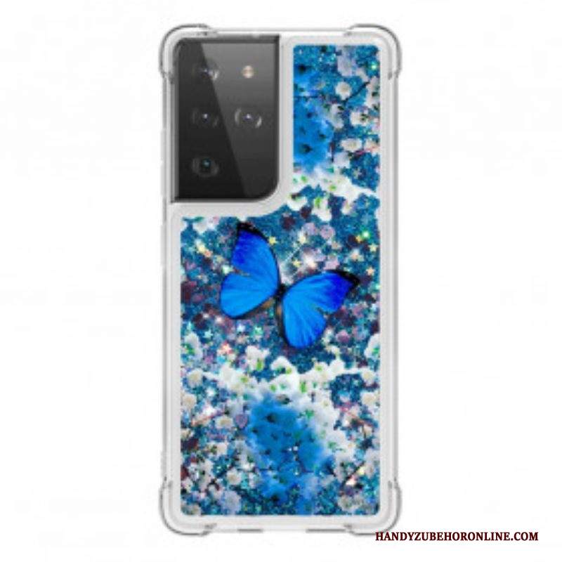 Cover Samsung Galaxy S21 Ultra 5G Farfalle Blu Glitterate