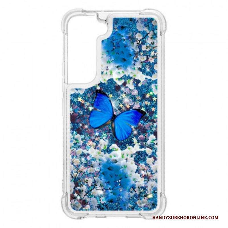 Cover Samsung Galaxy S22 5G Farfalle Blu Glitterate