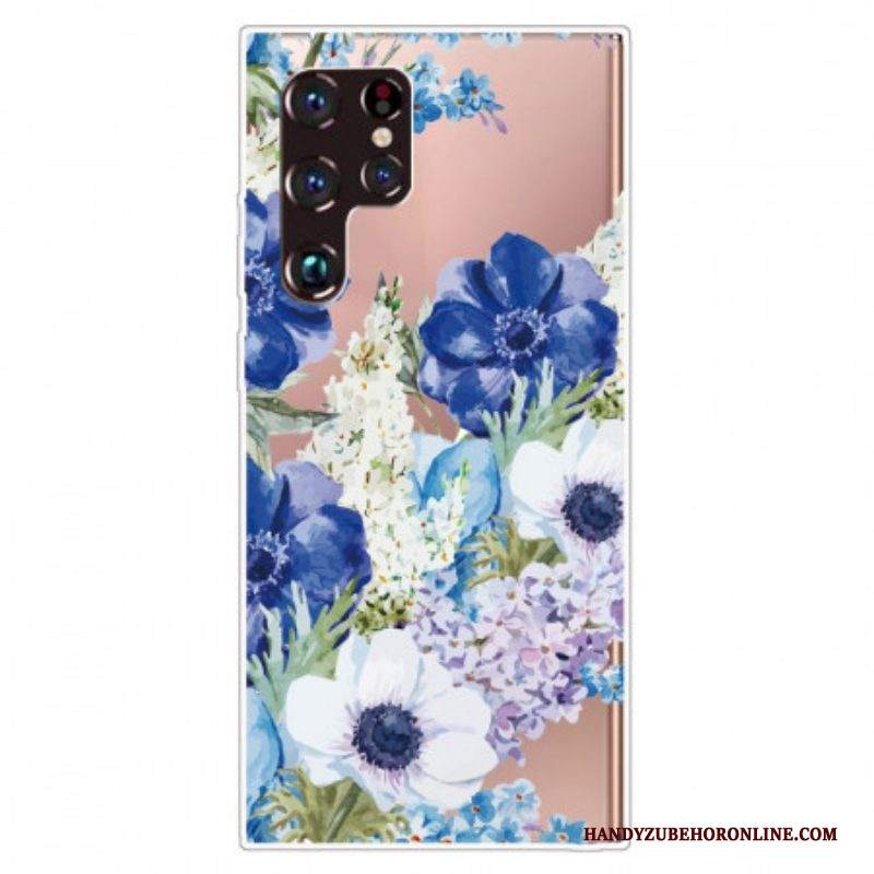 Cover Samsung Galaxy S22 Ultra 5G Fiori Blu Dell'acquerello