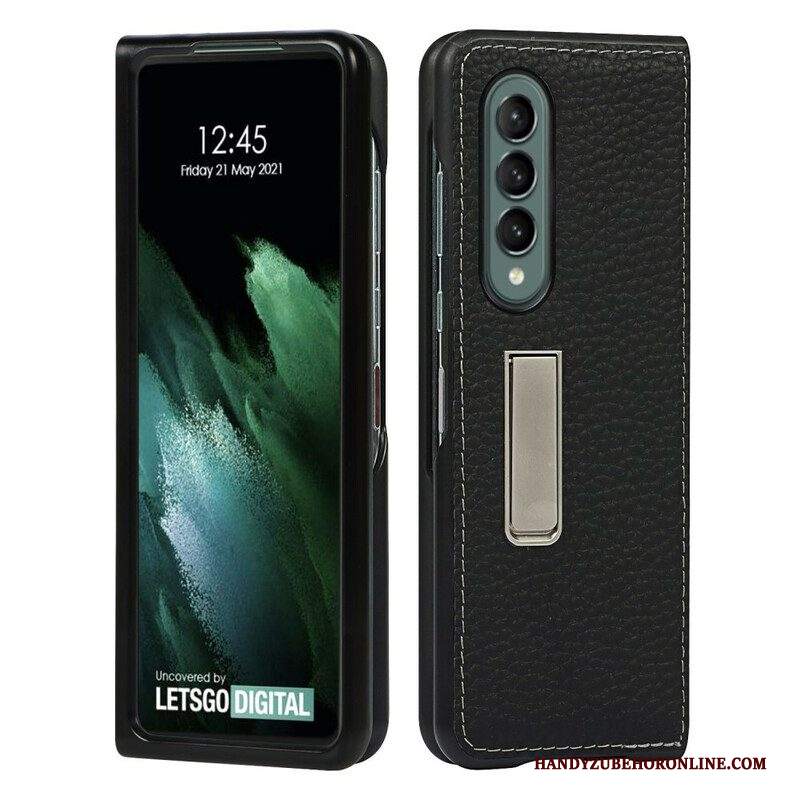 Cover Samsung Galaxy Z Fold 3 5G Supporto Vivavoce In Vera Pelle Litchi