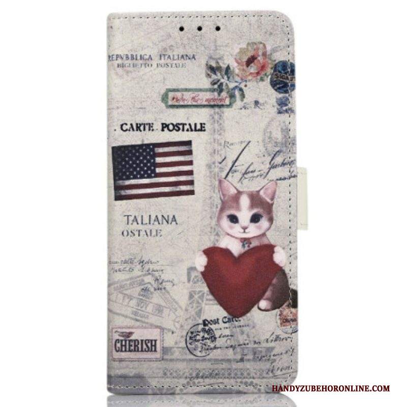 Custodia A Portafoglio Samsung Galaxy M13 Gatto Viaggiatore