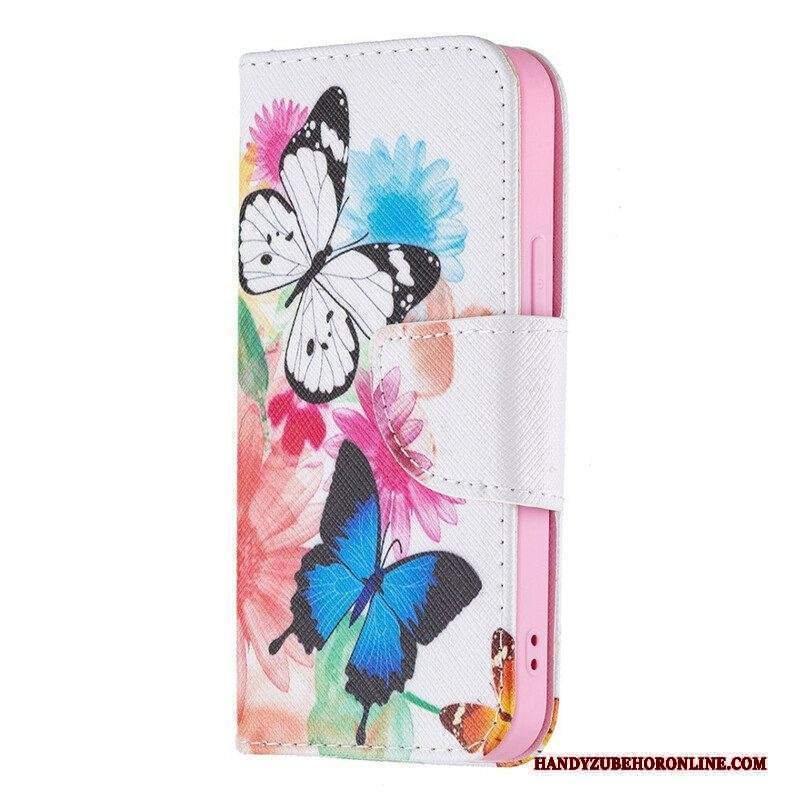 Custodia A Portafoglio iPhone 13 Mini Farfalle E Fiori Dipinti