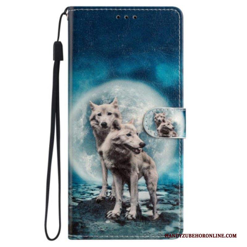 Custodia A Portafoglio iPhone 15 Lupi Sotto La Luna Lanyard