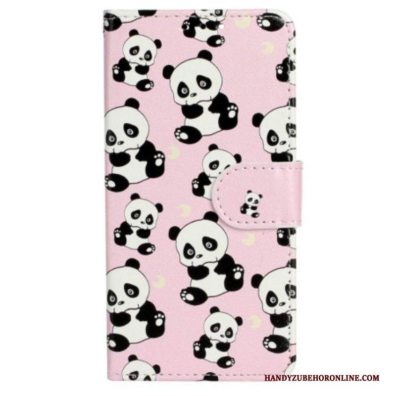 Custodia A Portafoglio iPhone 15 Piccoli Panda Con Cinturino