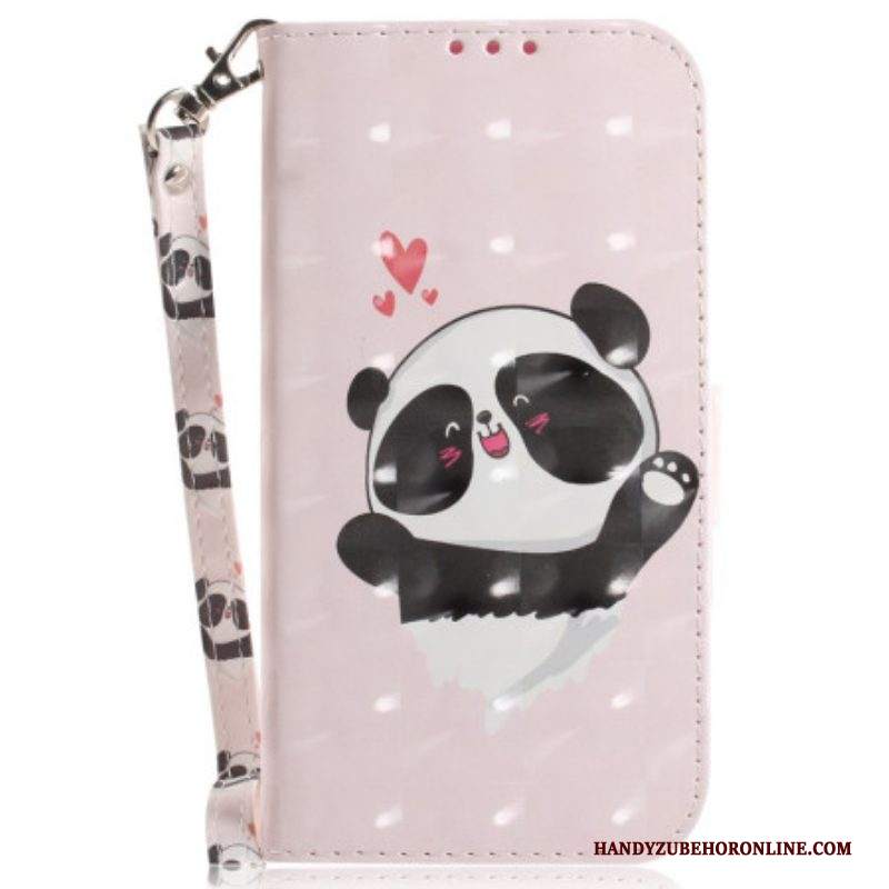 Custodia A Portafoglio iPhone 15 Plus Panda Love Con Cinturino