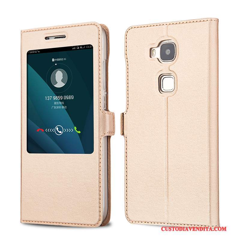 Custodia Huawei G7 Plus Pelle Telefono Dormienza, Cover Huawei G7 Plus Folio Maglia Oro