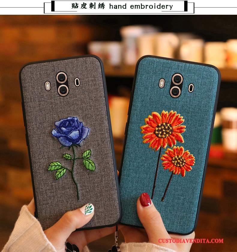 Custodia Huawei Mate 10 Silicone Blu Scuro Ricamo, Cover Huawei Mate 10 Pelle Morbidotelefono