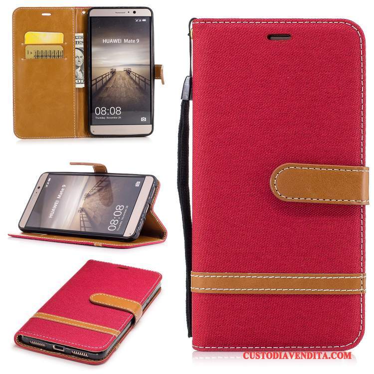 Custodia Huawei Mate 9 Pelle Telefono Rosso, Cover Huawei Mate 9 Folio Supporto Anti-caduta