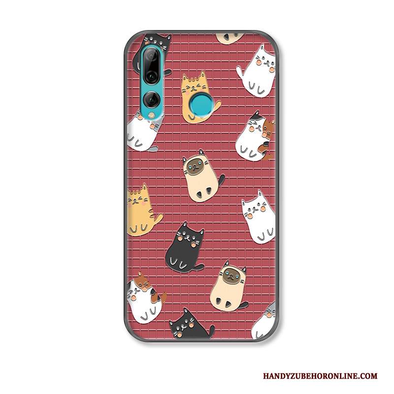 Custodia Huawei P Smart+ 2019 Cartone Animato Telefono Gattino, Cover Huawei P Smart+ 2019 Goffratura Morbido Rosso