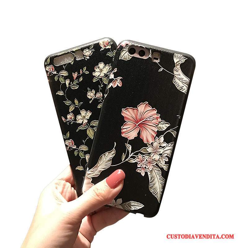 Custodia Huawei P10 Plus Fiori Supporto Nero, Cover Huawei P10 Plus Goffratura Morbido Piccola