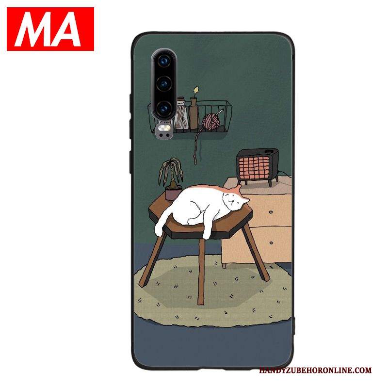 Custodia Huawei P30 Cartone Animato Gattinotelefono, Cover Huawei P30 Silicone Verde Morbido