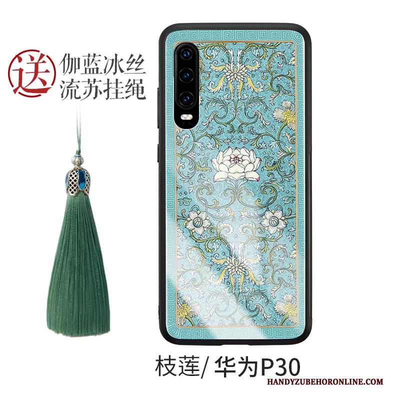 Custodia Huawei P30 Creativo Tendenza Stile Cinese, Cover Huawei P30 Silicone Verde Vetro