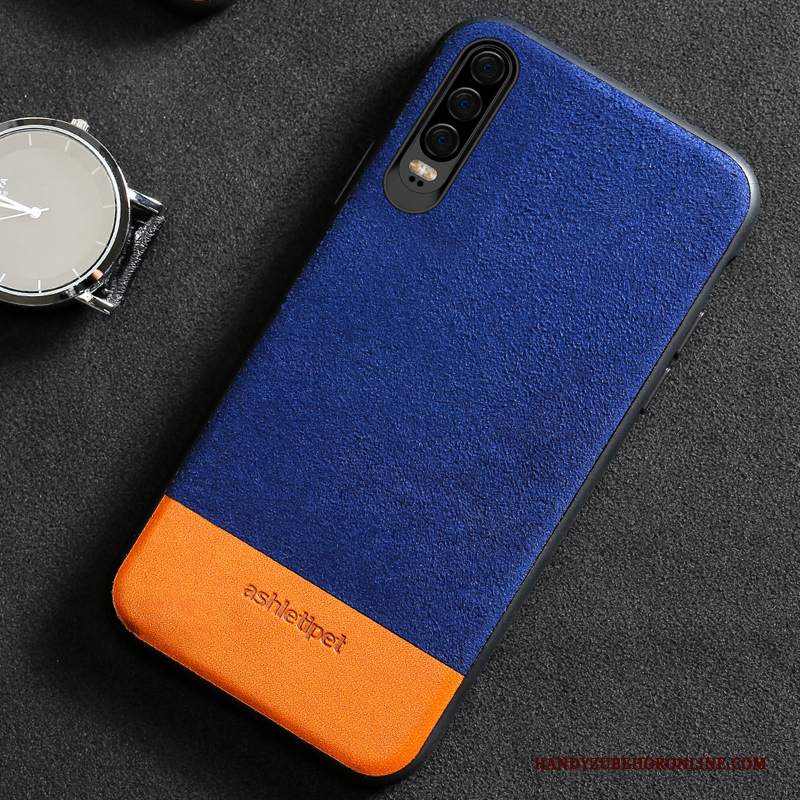 Custodia Huawei P30 Pelle Blu Qualità, Cover Huawei P30 Creativo Giuntura Marchio Di Tendenza