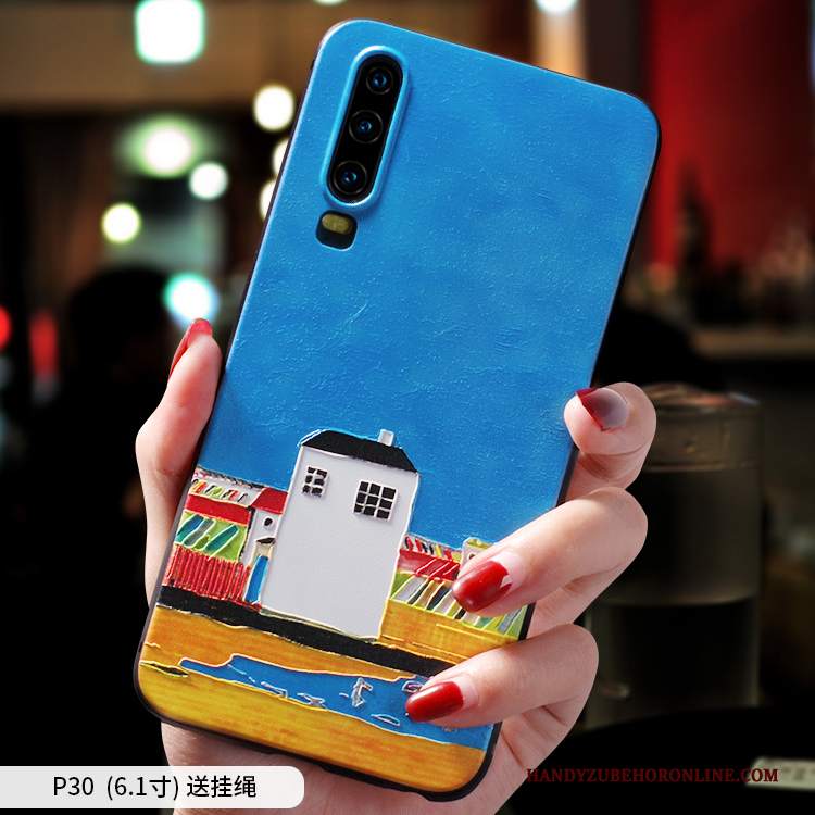 Custodia Huawei P30 Silicone Di Personalità Blu, Cover Huawei P30 Creativo Pittura Ad Olio Anti-caduta