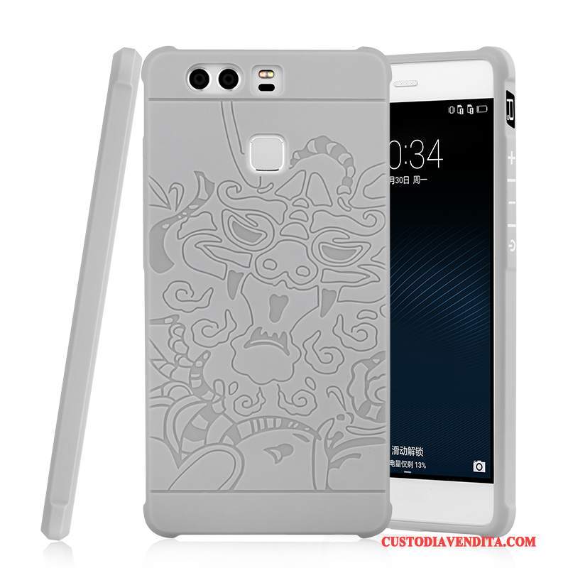 Custodia Huawei P9 Goffratura Leggeretelefono, Cover Huawei P9 Protezione Grigio Chiaro