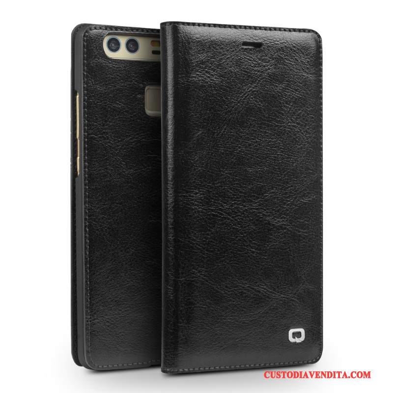 Custodia Huawei P9 Plus Folio Alto Nero, Cover Huawei P9 Plus Pelle Anti-caduta