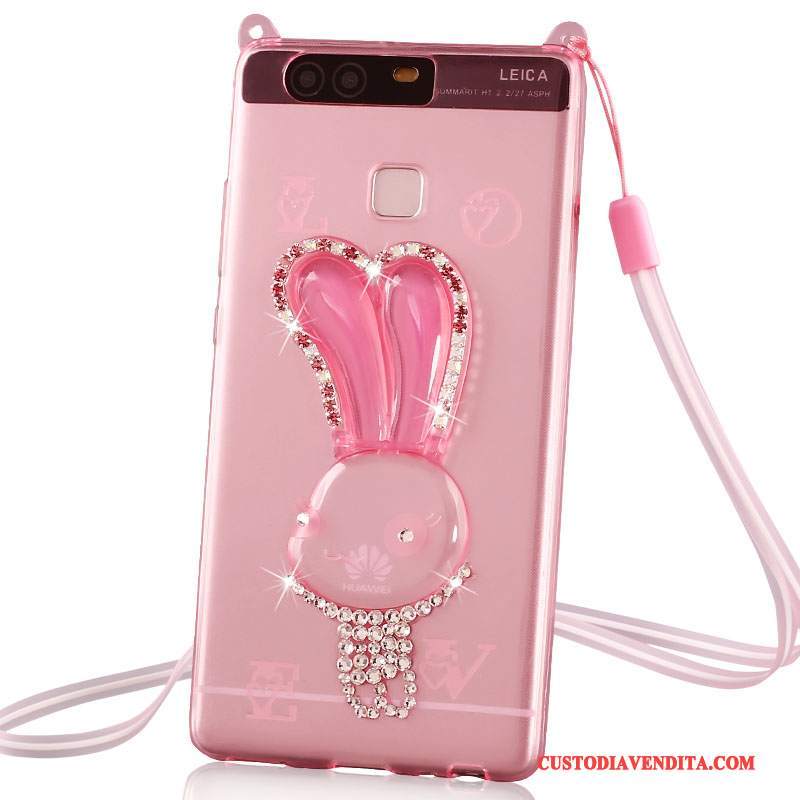 Custodia Huawei P9 Plus Strass Alto Ornamenti Appesi, Cover Huawei P9 Plus Protezione Rosa Sottile