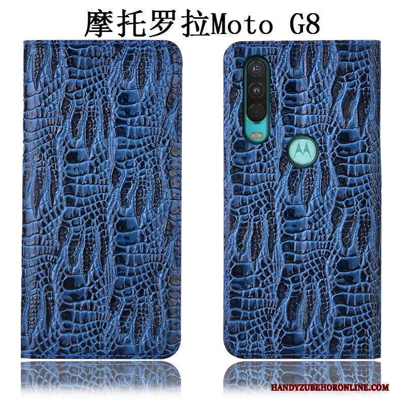 Custodia Moto G8 Pelle Anti-cadutatelefono, Cover Moto G8 Protezione Blu Tutto Incluso