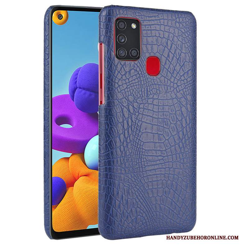 Custodia Samsung Galaxy A21s Pelle Blu Scuro Qualità, Cover Samsung Galaxy A21s Protezione Coperchio Posteriore Modello Coccodrillo