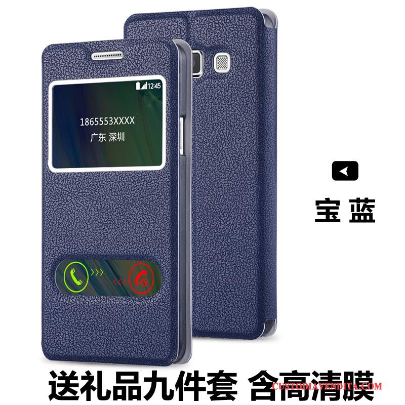 Custodia Samsung Galaxy A3 2015 Pelle Telefono Blu Scuro, Cover Samsung Galaxy A3 2015 Folio Anti-caduta Finestra Aperta