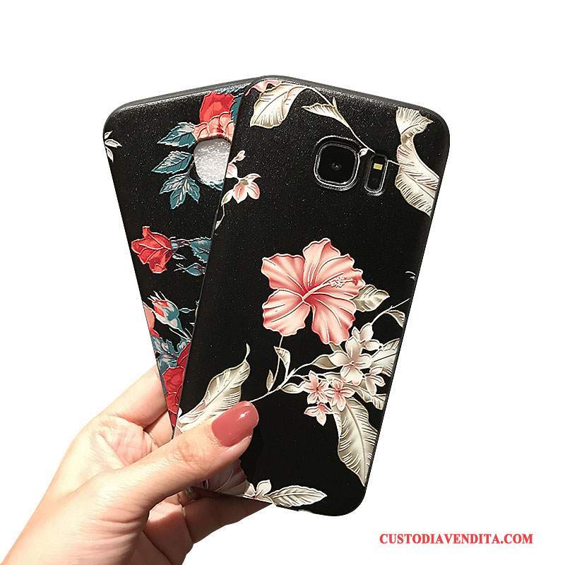 Custodia Samsung Galaxy S7 Edge Fiori Nerotelefono, Cover Samsung Galaxy S7 Edge Goffratura Piccola Morbido