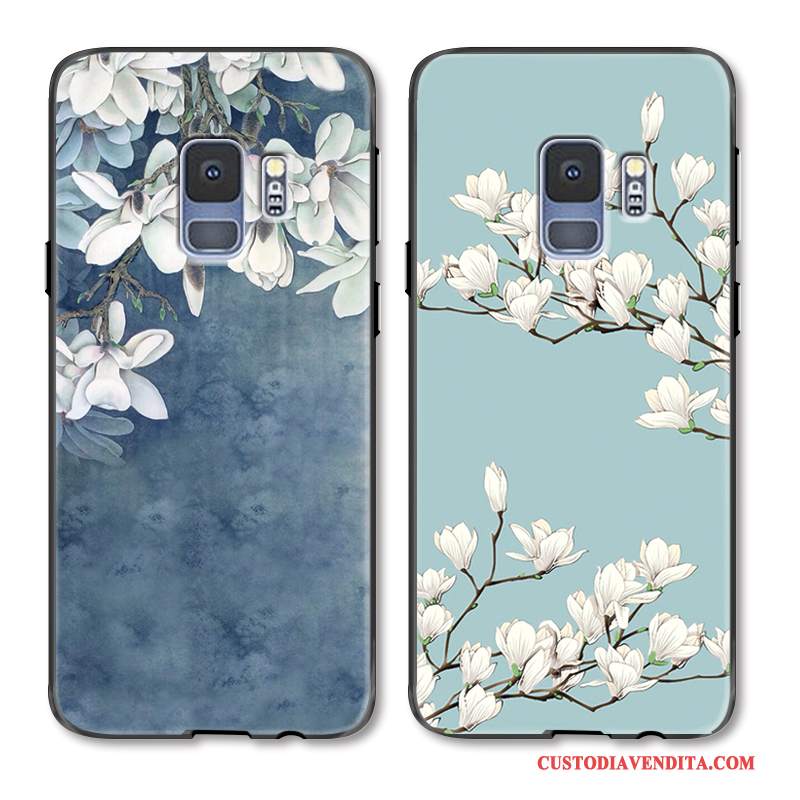 Custodia Samsung Galaxy S9 Goffratura Telefono Blu, Cover Samsung Galaxy S9 Moda Anti-caduta Fiori