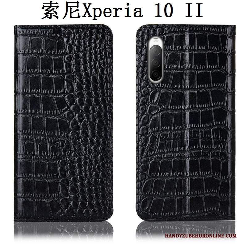 Custodia Sony Xperia 10 Ii Folio Modello Coccodrillo Nero, Cover Sony Xperia 10 Ii Pelle Telefono Tutto Incluso