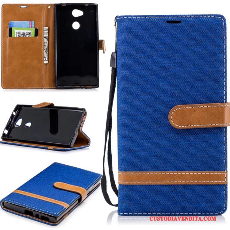 Custodia Sony Xperia L2 Folio Blu Anti-caduta, Cover Sony Xperia L2 Pelle Denim Puro