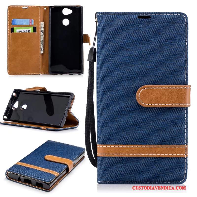 Custodia Sony Xperia Xa2 Folio Verde Denim, Cover Sony Xperia Xa2 Pelle Puro Supporto