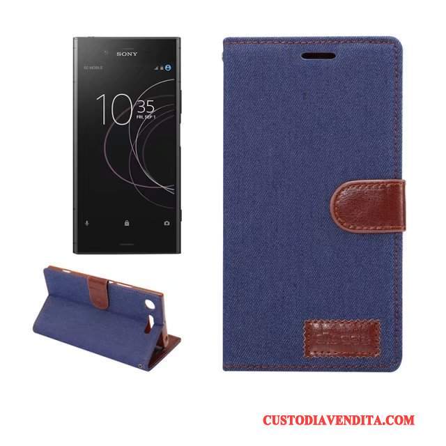 Custodia Sony Xperia Xz1 Pelle Telefono Verde, Cover Sony Xperia Xz1 Protezione Denim