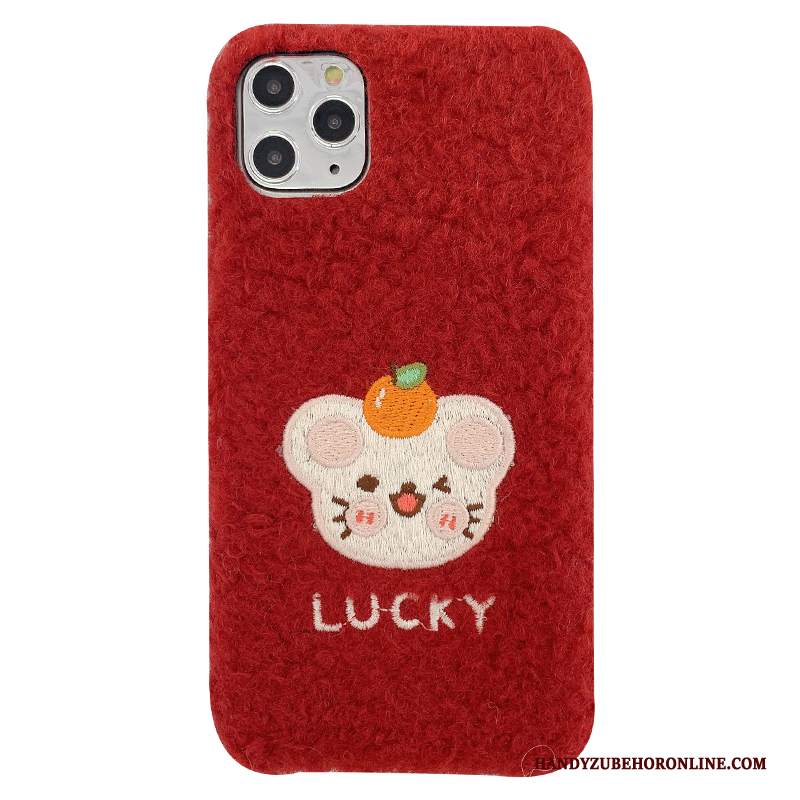 Custodia iPhone 11 Pro Max Protezione Ricamo Ratto, Cover iPhone 11 Pro Max Moda Flanella Rosso