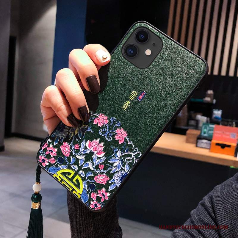 Custodia iPhone 11 Seta Nuovotelefono, Cover iPhone 11 Goffratura Verde Ornamenti Appesi