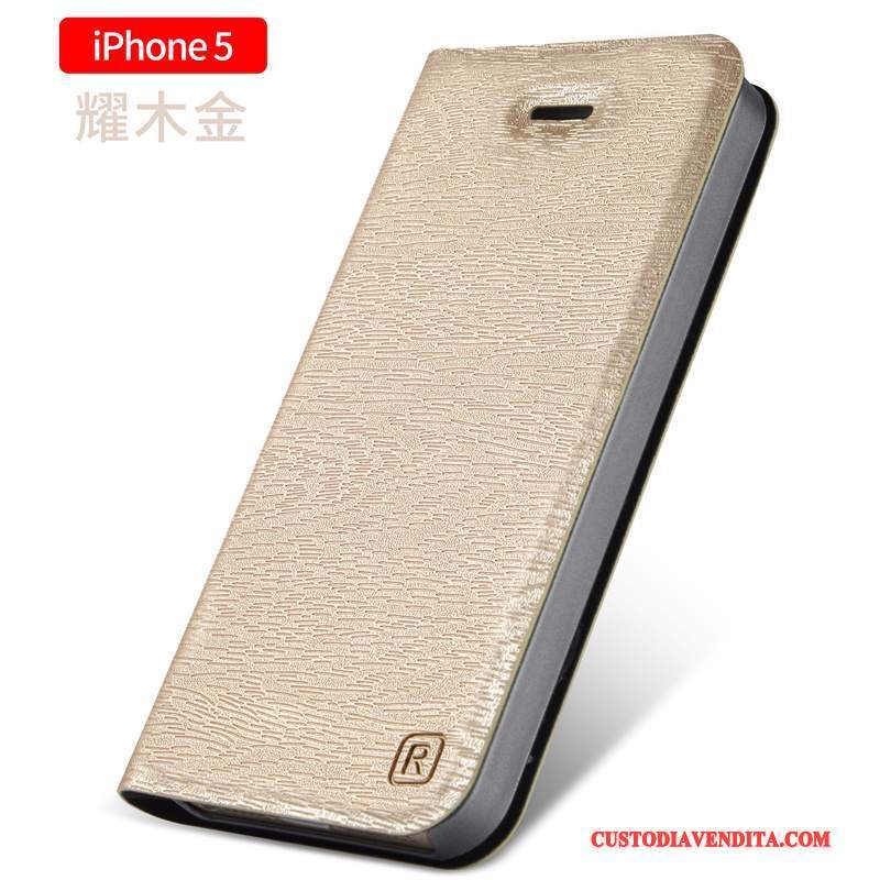 Custodia iPhone 5/5s Pelle Telefono Tutto Incluso, Cover iPhone 5/5s Folio Oro Semplici