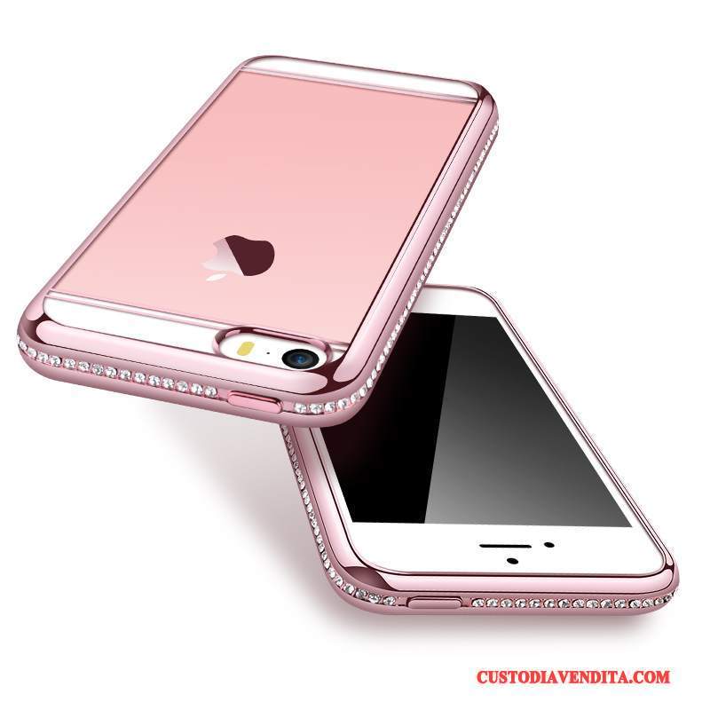 Custodia iPhone 5/5s Silicone Rosa Tendenza, Cover iPhone 5/5s Strass Oro Rosatelefono