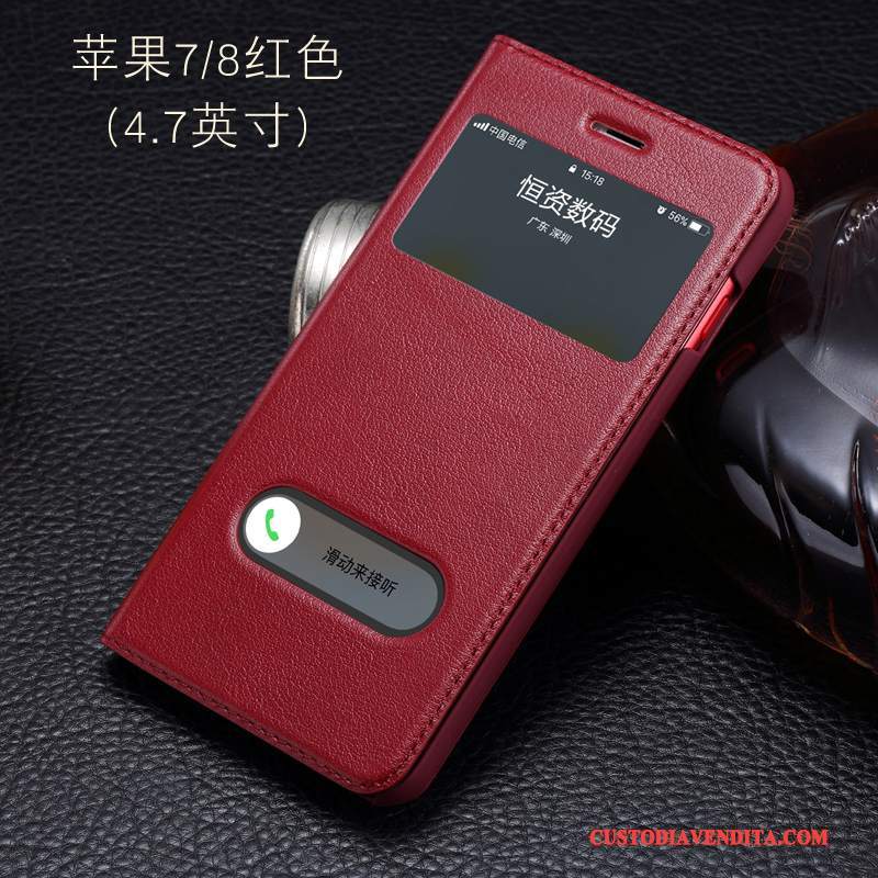 Custodia iPhone 8 Pelle Sottiletelefono, Cover iPhone 8 Folio Vino Rosso Finestra Aperta