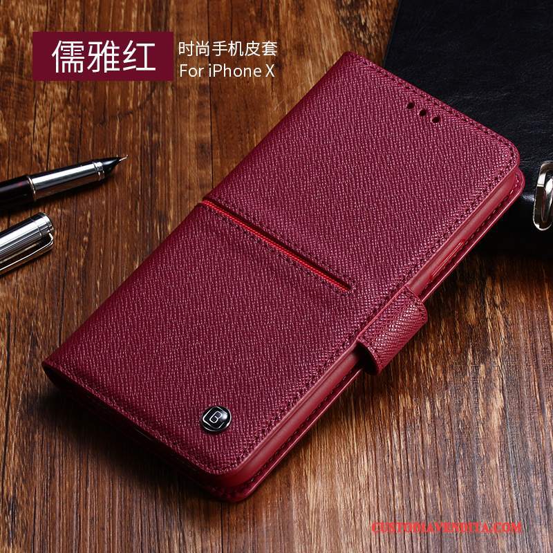 Custodia iPhone X Pelle Carta Supporto, Cover iPhone X Folio Vino Rosso Anti-caduta