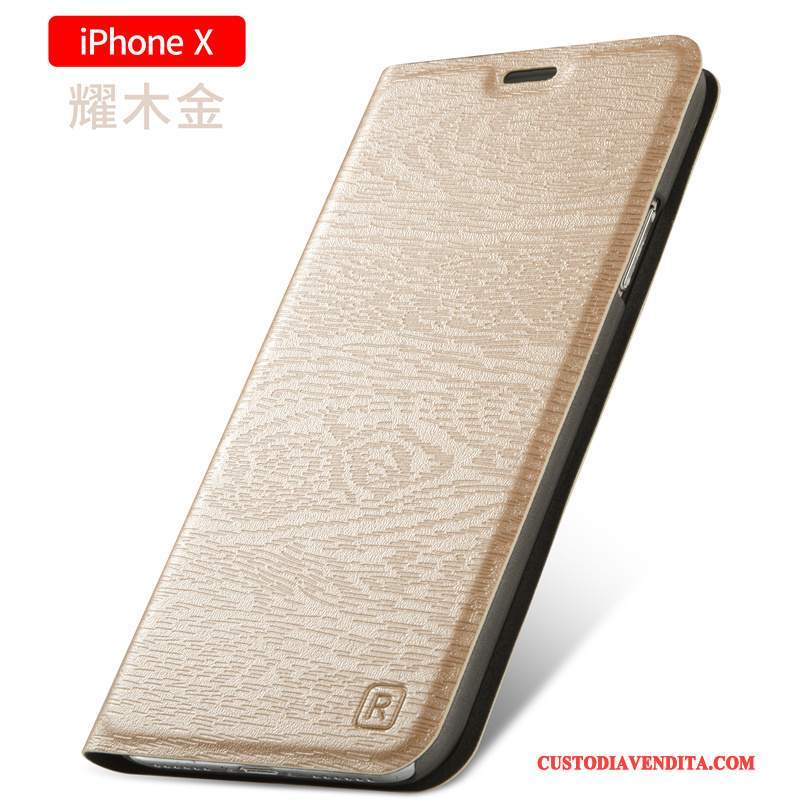 Custodia iPhone X Pelle Telefono Oro, Cover iPhone X Folio Anti-caduta Nuovo