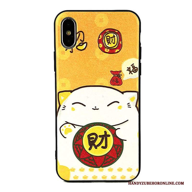 Custodia iPhone Xs Goffratura Gattinotelefono, Cover iPhone Xs Giallo Ricchezza