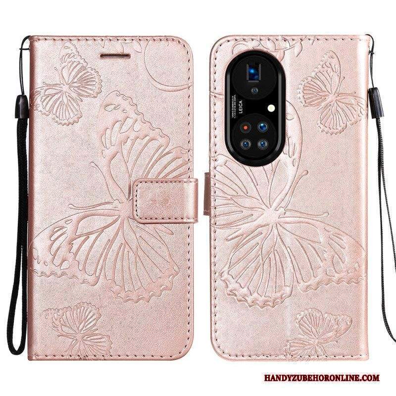 Custodia in pelle Huawei P50 Pro Farfalle Con Cinturino Gigante